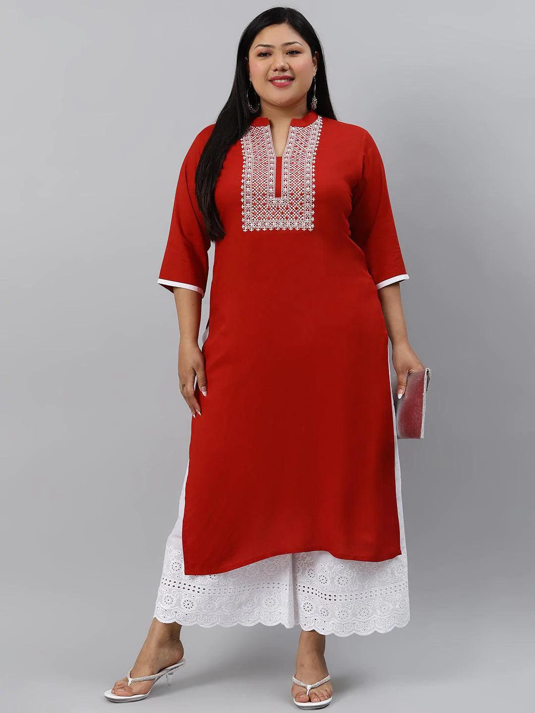 Plus Size Rust Embroidered Rayon Kurta - ShopLibas