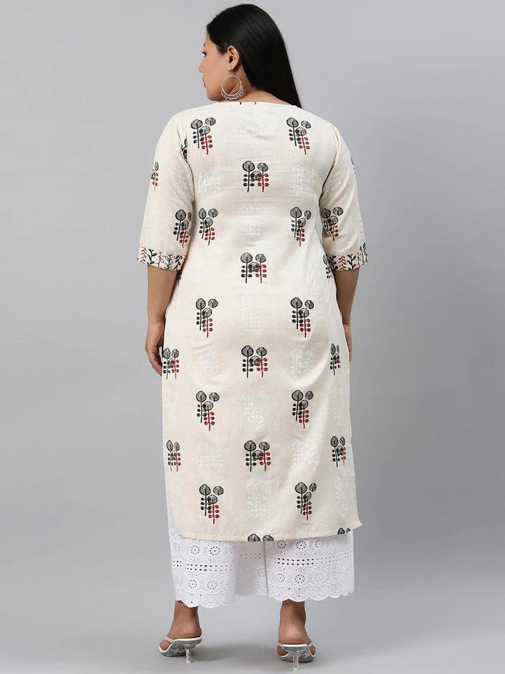 Plus Size Off-White Printed Cotton Kurta