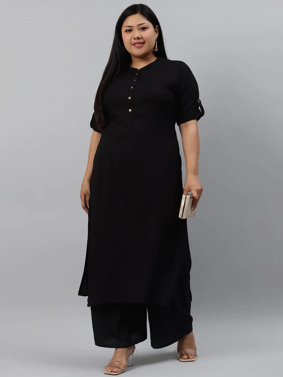 Plus Size Black Solid Rayon Kurta - ShopLibas