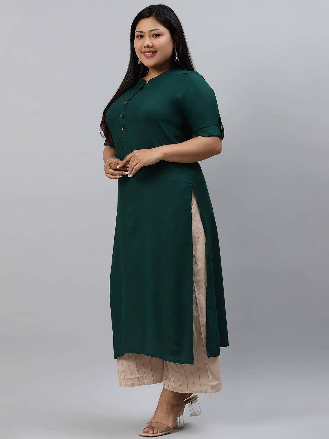 Plus Size Green Solid Rayon Kurta - ShopLibas