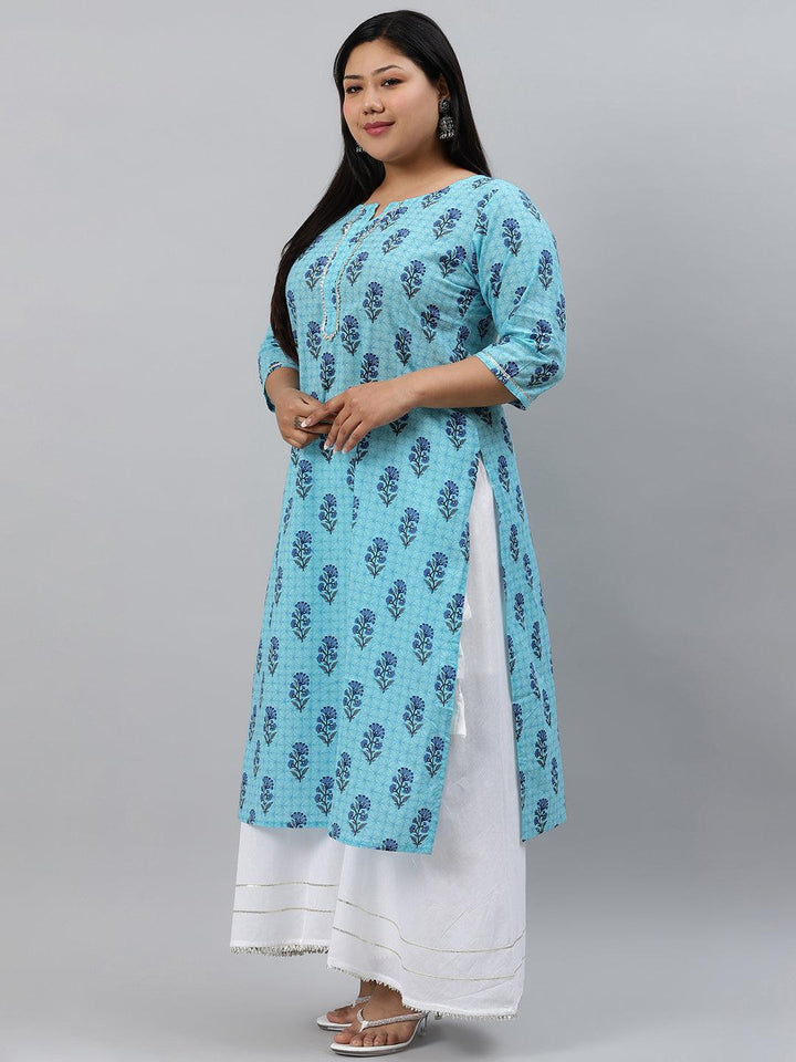 Plus Size Blue Printed Cotton Kurta