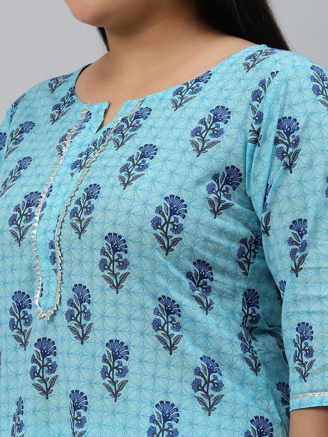 Plus Size Blue Printed Cotton Kurta - ShopLibas