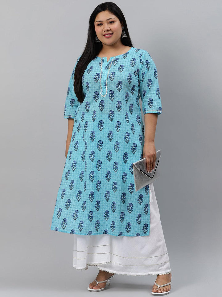 Plus Size Blue Printed Cotton Kurta
