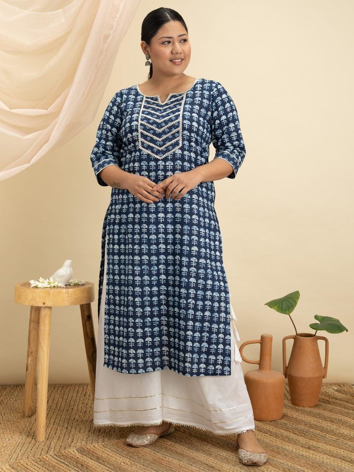Plus Size Blue Printed Cotton Kurta