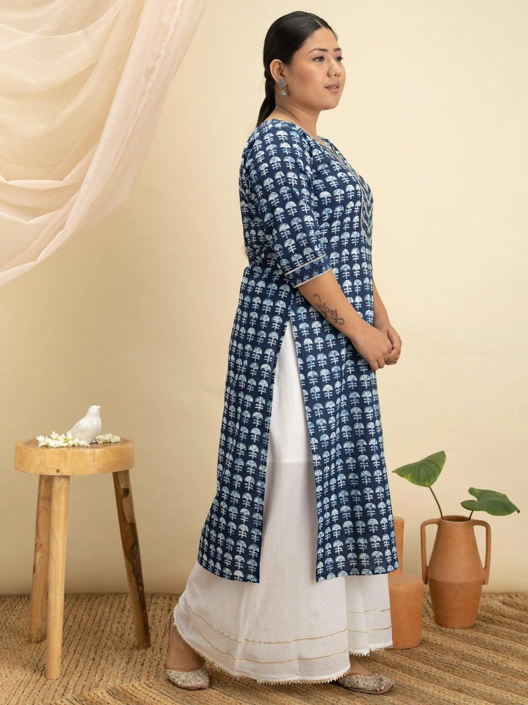 Plus Size Blue Printed Cotton Kurta - ShopLibas
