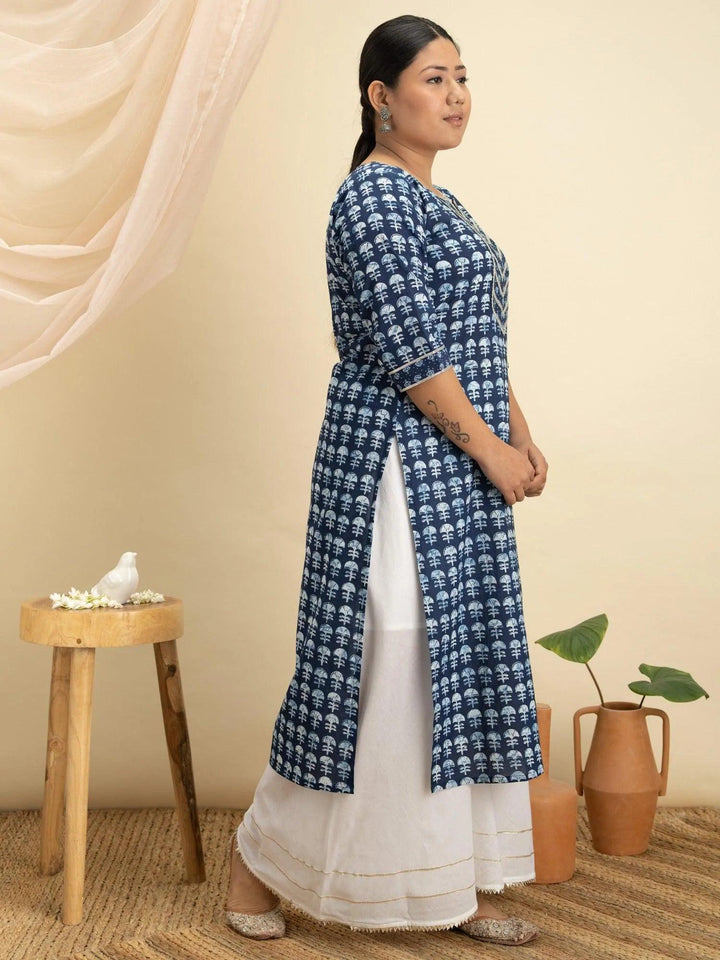 Plus Size Blue Printed Cotton Kurta