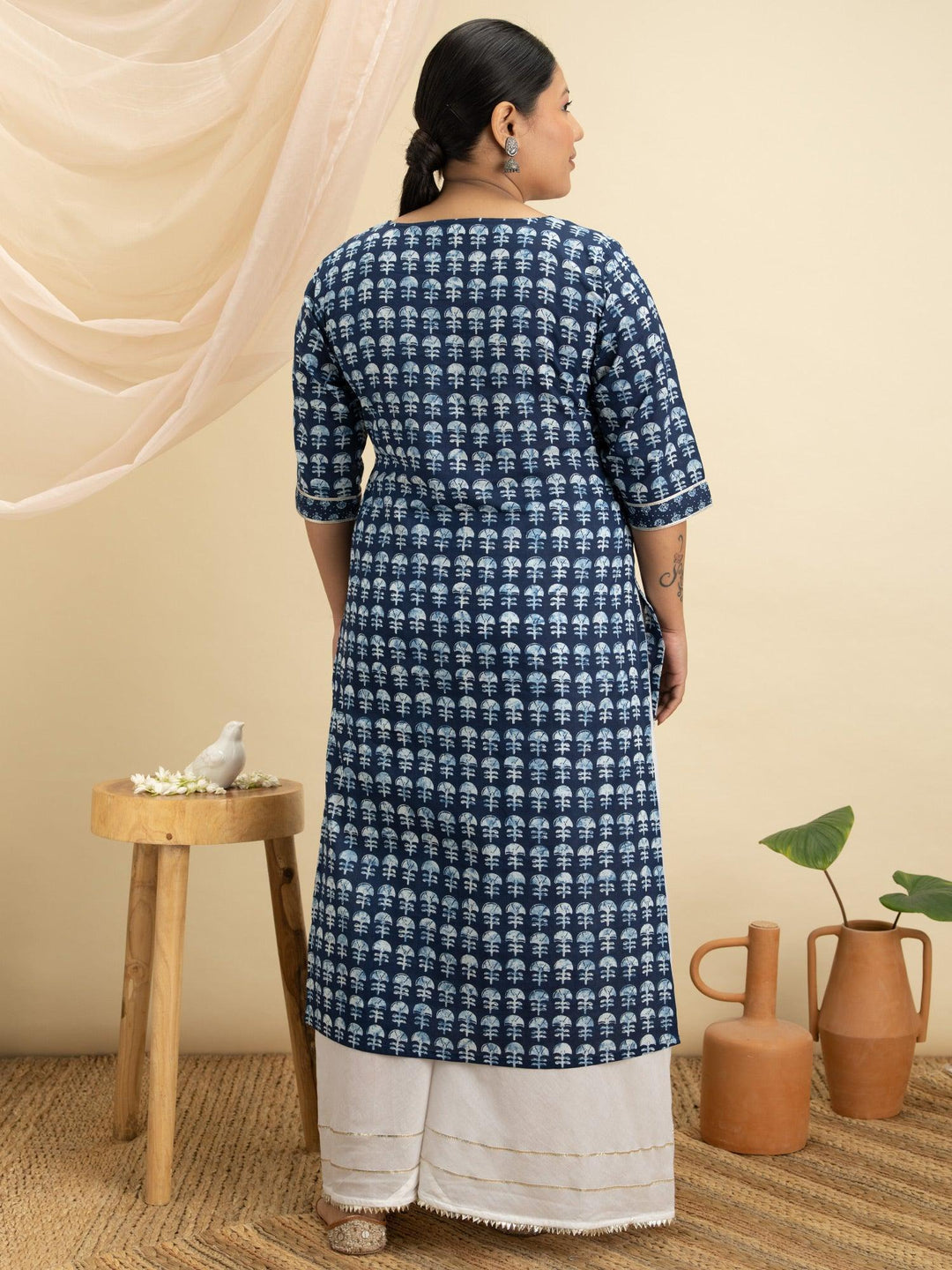 Plus Size Blue Printed Cotton Kurta - ShopLibas