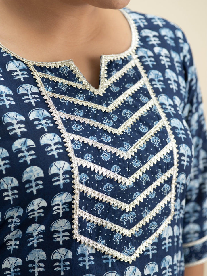 Plus Size Blue Printed Cotton Kurta