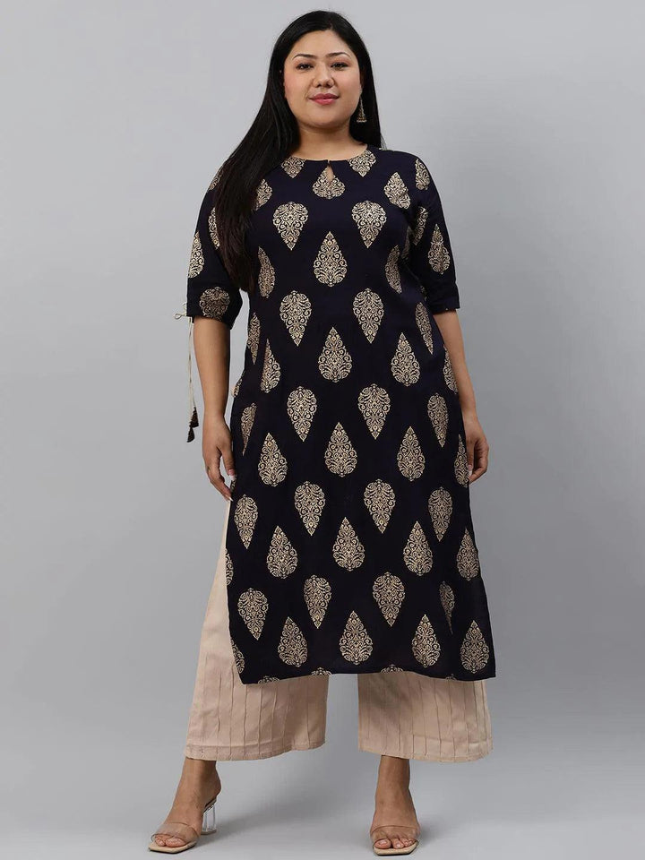 Plus Size Navy Blue Printed Rayon Kurta