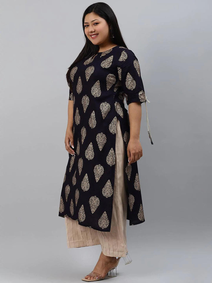 Plus Size Navy Blue Printed Rayon Kurta
