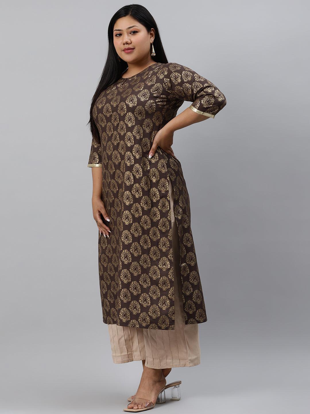 Plus Size Taupe Printed Cotton Kurta - ShopLibas