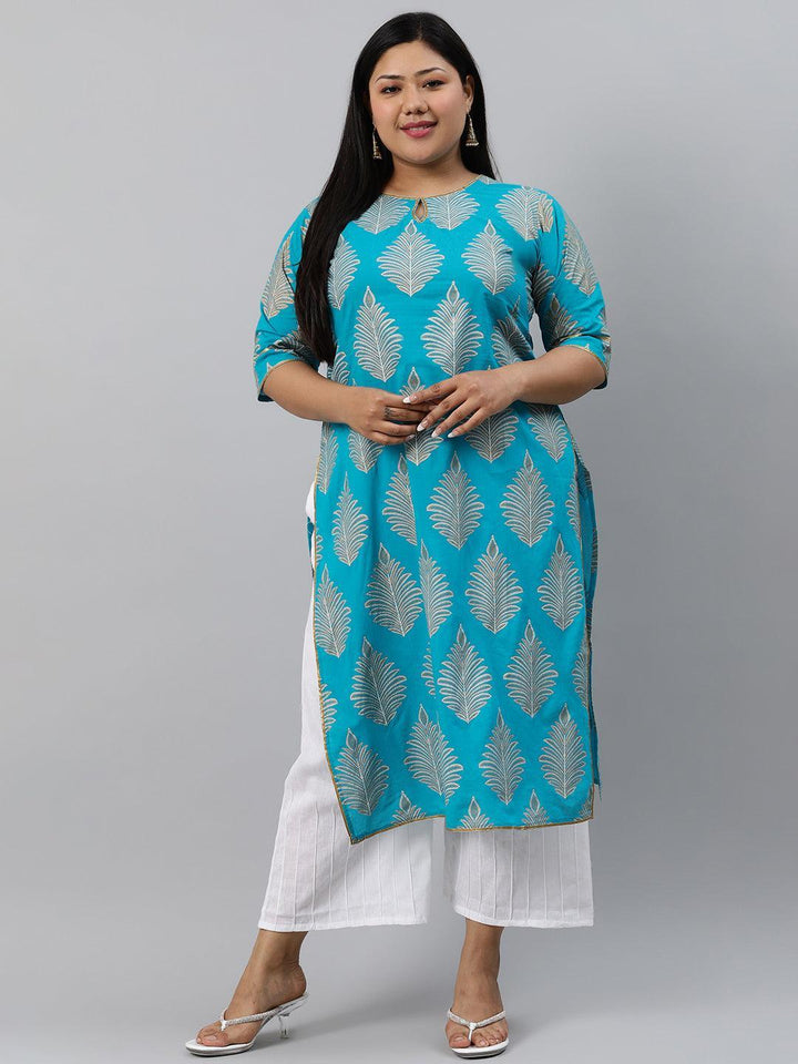 Plus Size Turtuoise Blue Printed Cotton Kurta