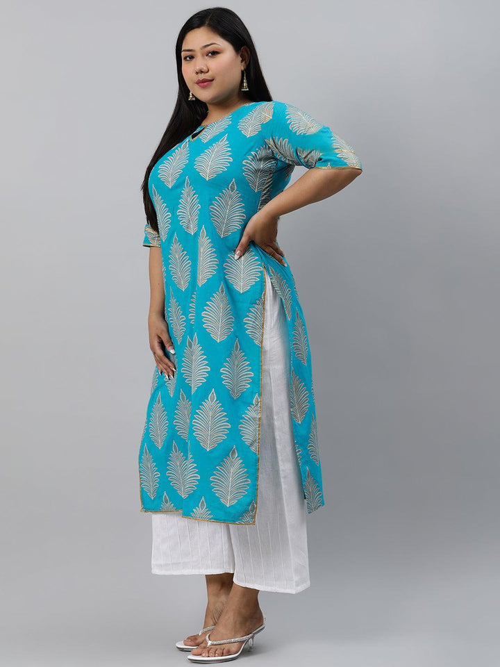Plus Size Turtuoise Blue Printed Cotton Kurta