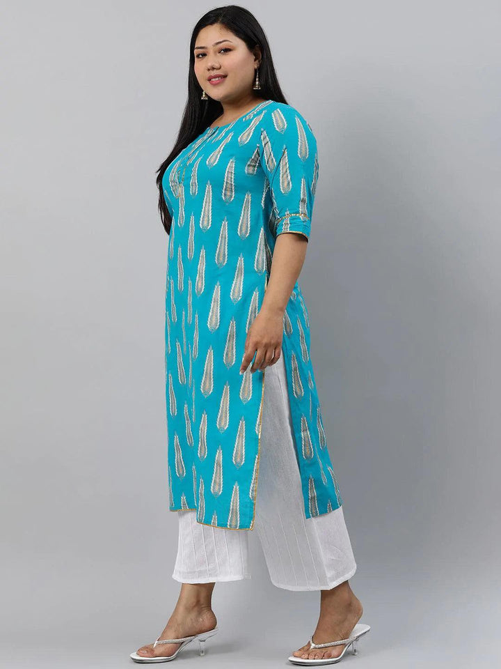 Plus Size Blue Printed Cotton Kurta