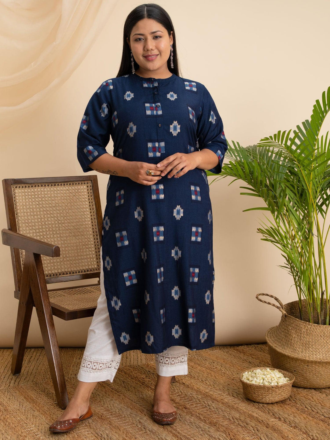 Plus Size Blue Printed Rayon Kurta - ShopLibas