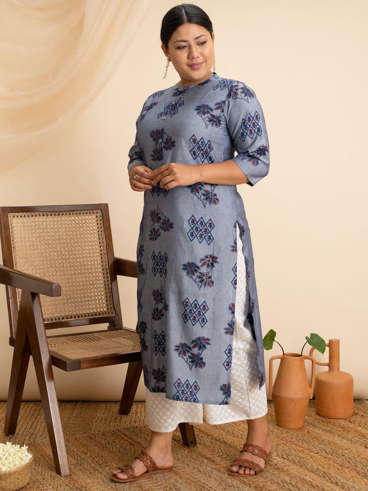 Plus Size Blue Printed Rayon Kurta