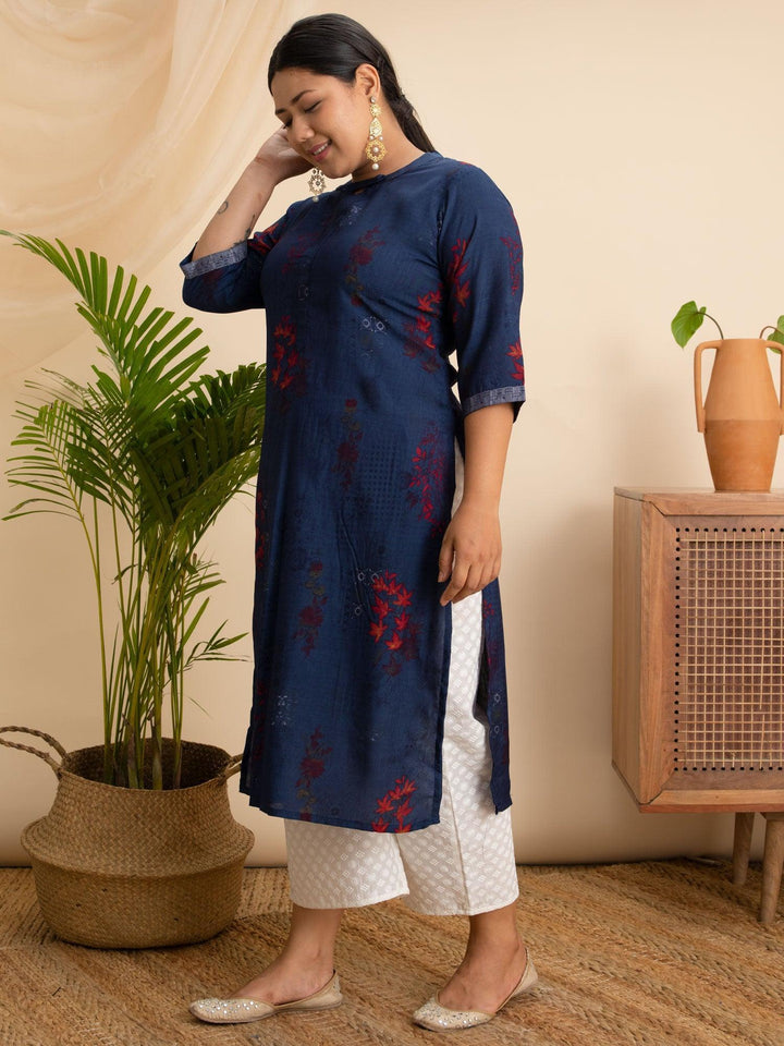 Plus Size Navy Blue Printed Rayon Kurta