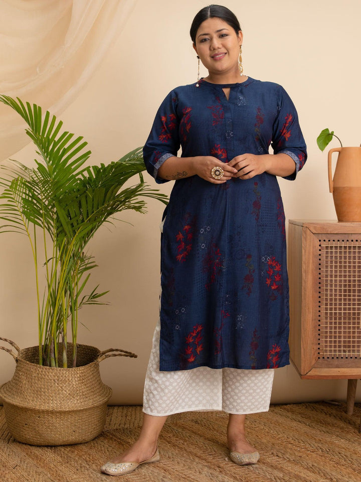 Plus Size Navy Blue Printed Rayon Kurta