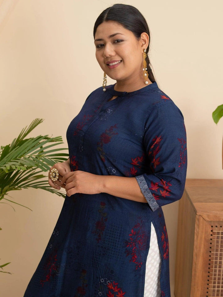Plus Size Navy Blue Printed Rayon Kurta