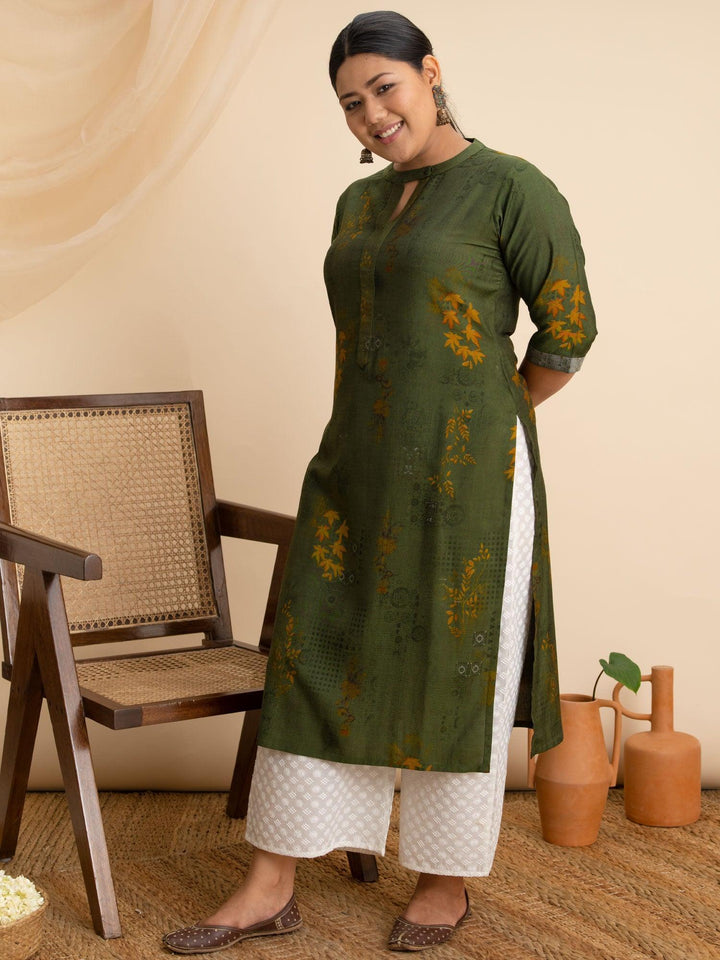 Plus Size Green Printed Rayon Kurta