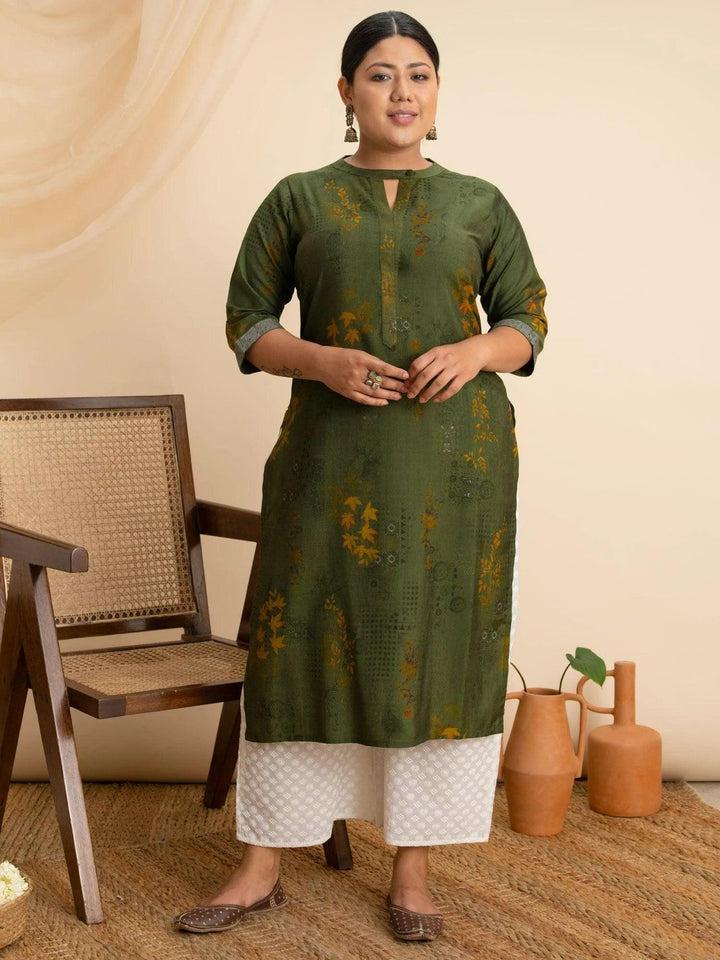 Plus Size Green Printed Rayon Kurta