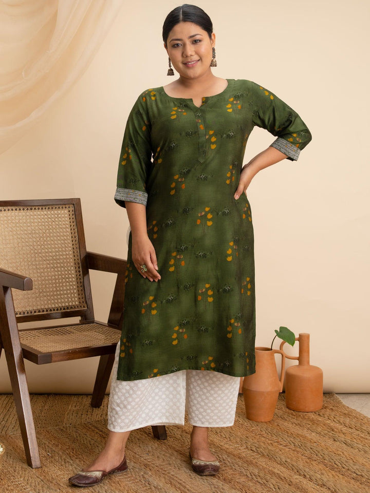 Plus Size Green Printed Rayon Kurta