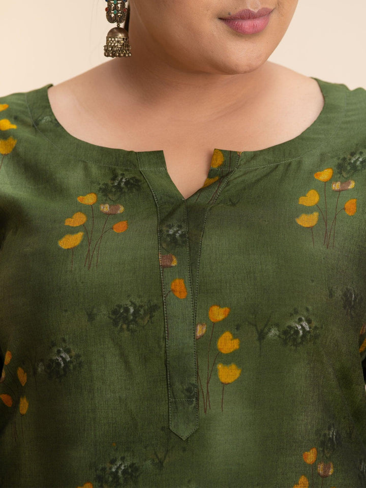 Plus Size Green Printed Rayon Kurta