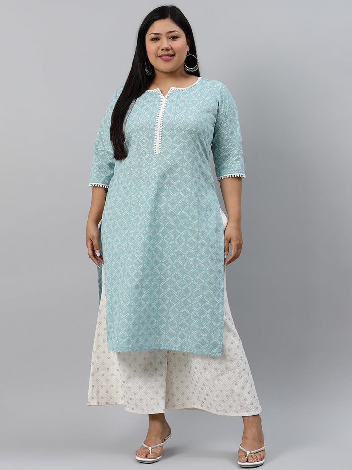 Plus Size Blue Printed Cotton Kurta