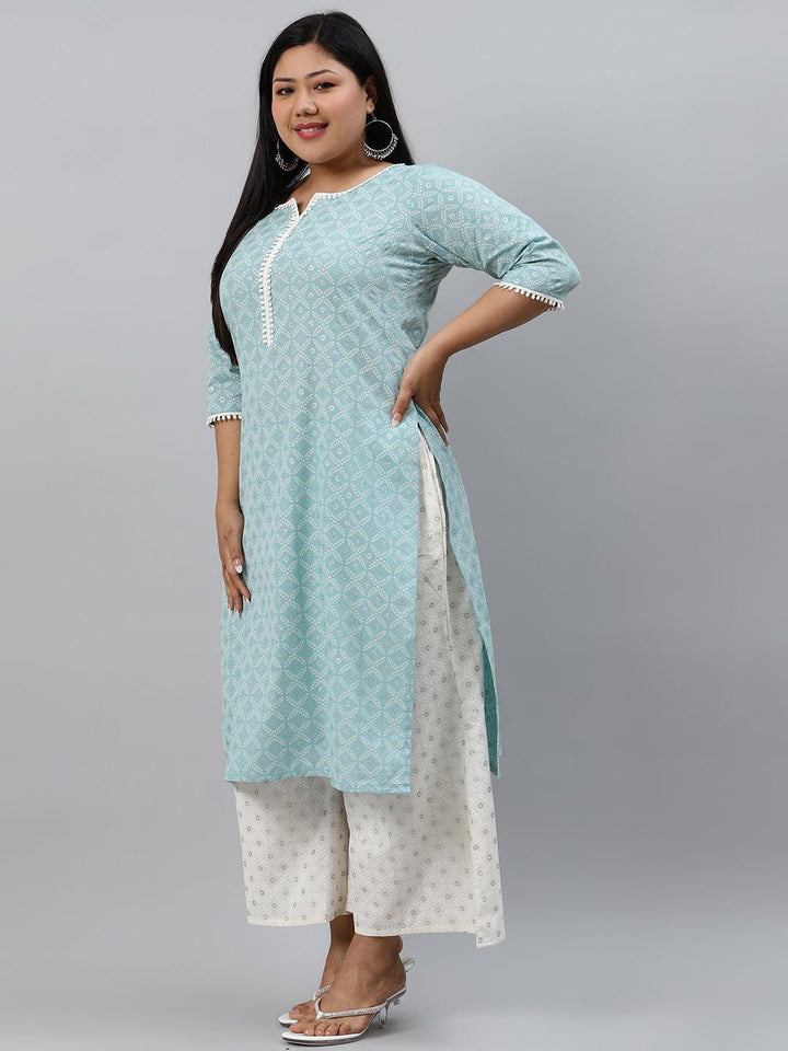 Plus Size Blue Printed Cotton Kurta