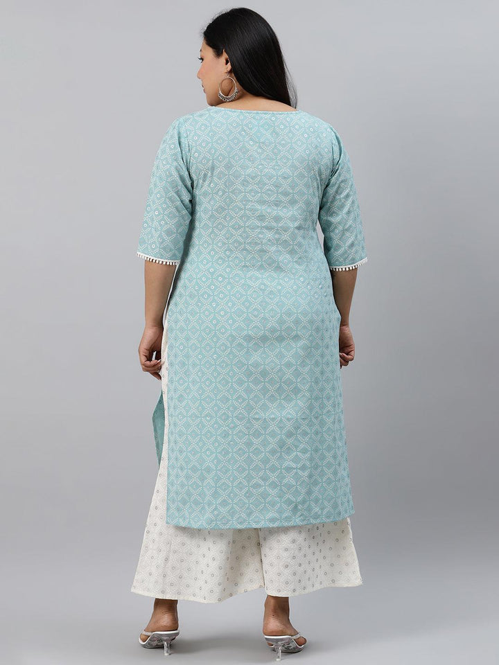 Plus Size Blue Printed Cotton Kurta