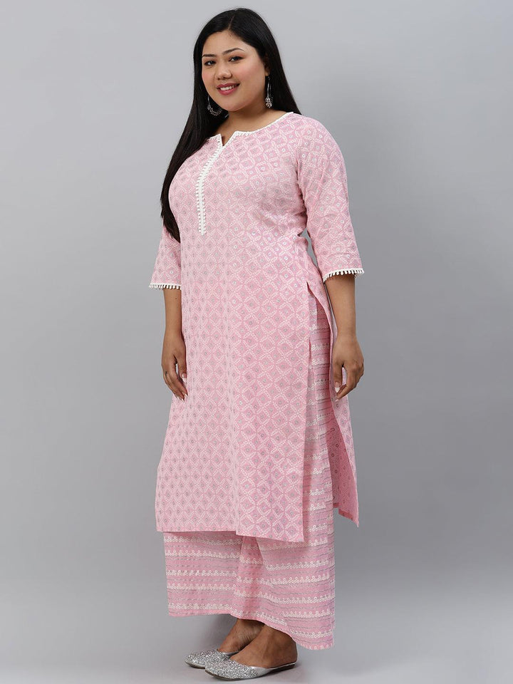 Plus Size Pink Printed Cotton Kurta