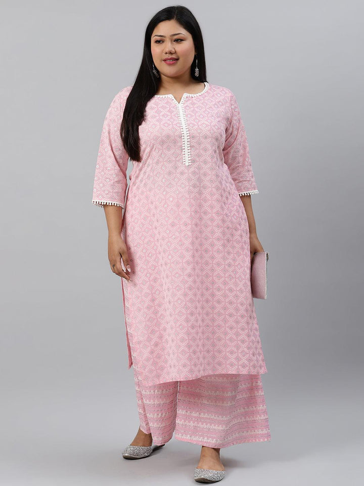 Plus Size Pink Printed Cotton Kurta