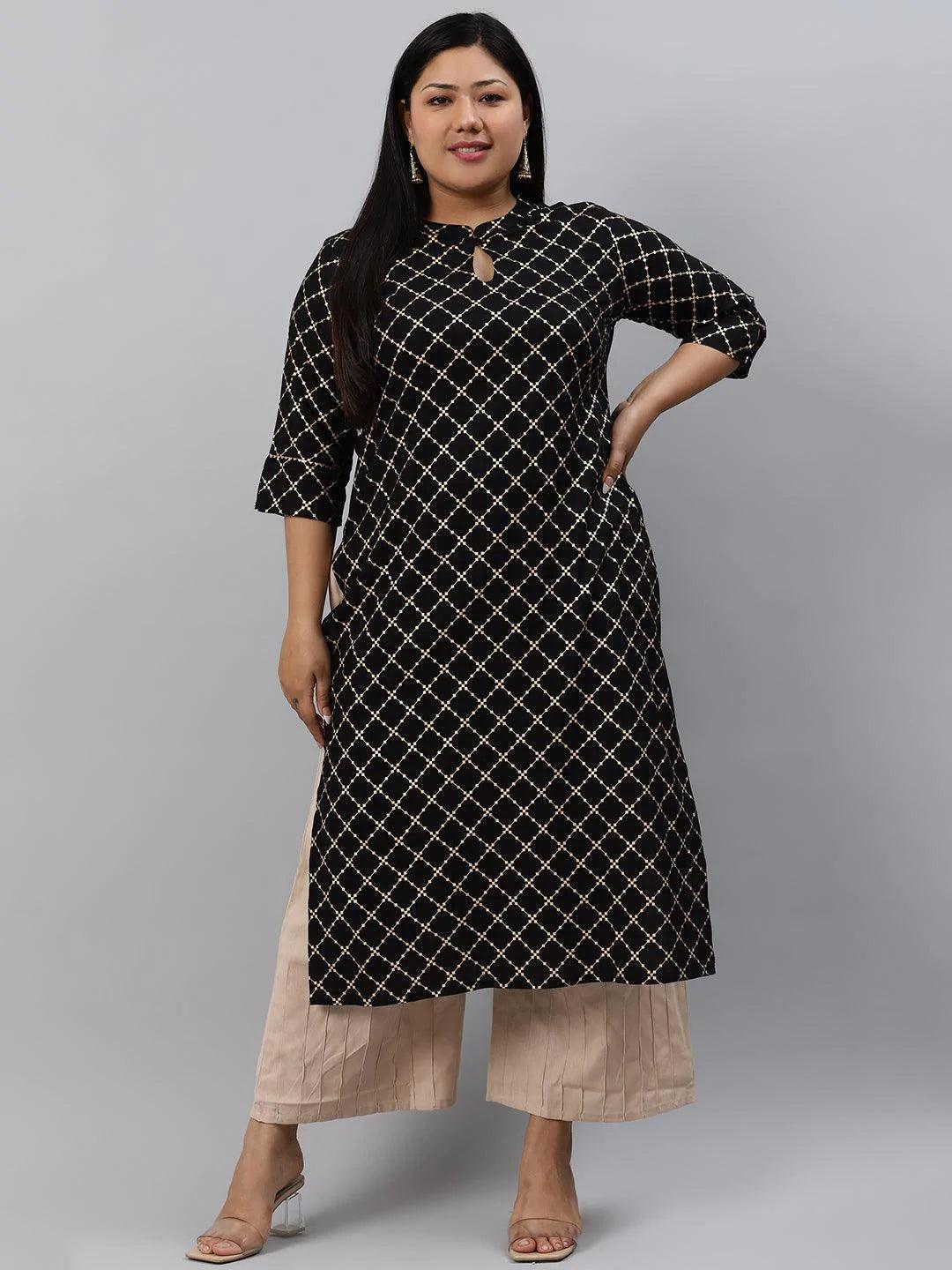 Plus Size Black Checkered Rayon Kurta - ShopLibas