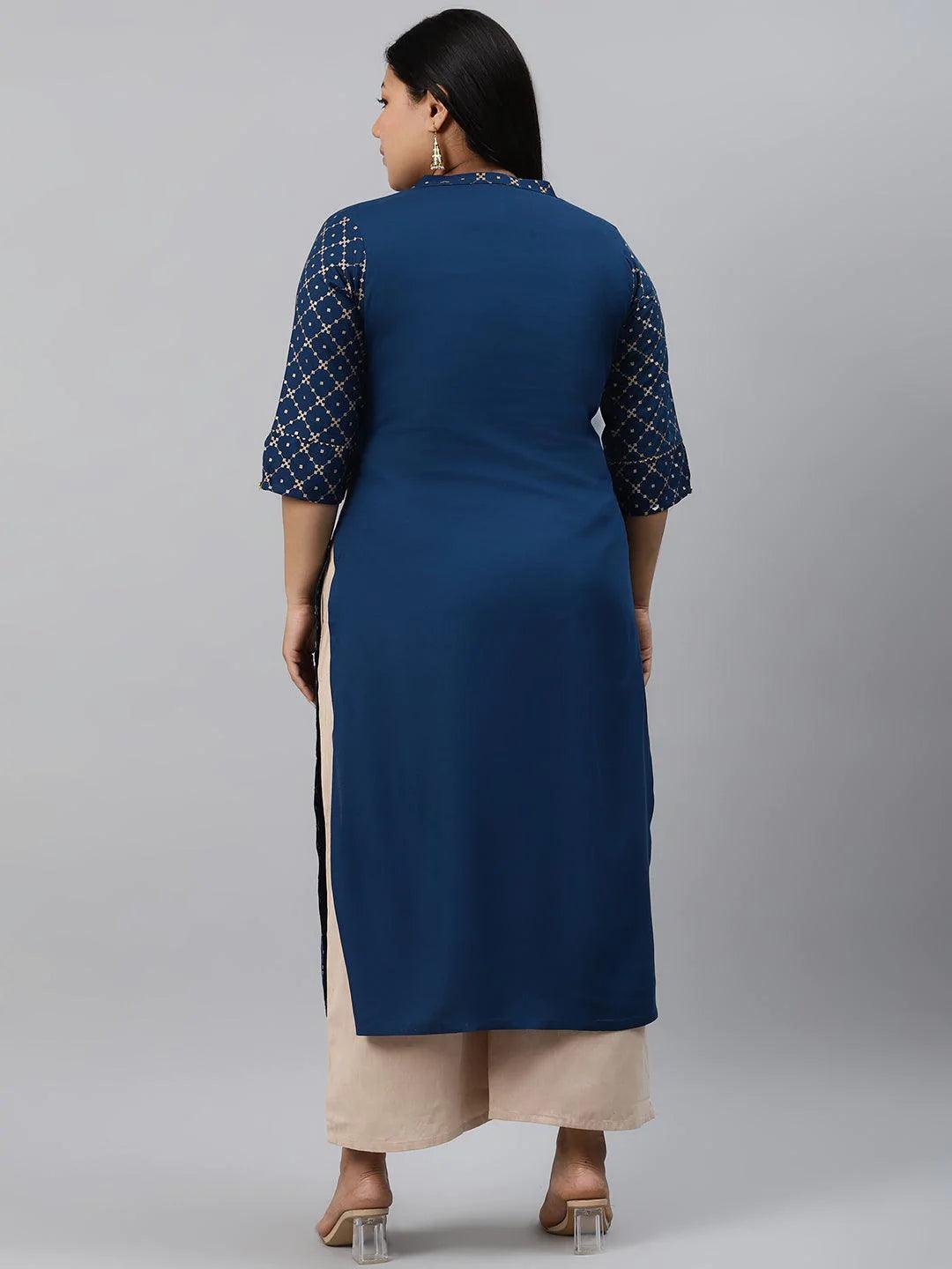 Plus Size Navy Blue Checkered Rayon Kurta - ShopLibas