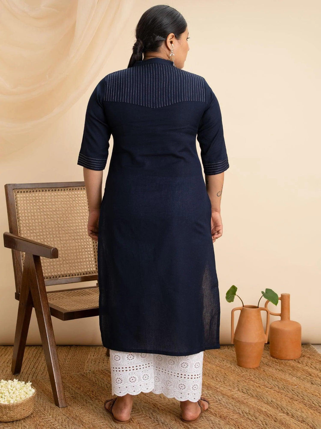 Plus Size Navy Blue Solid Cotton Kurta - ShopLibas