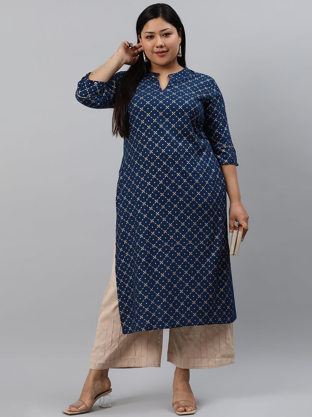 Plus Size Navy Blue Checkered Rayon Kurta - ShopLibas