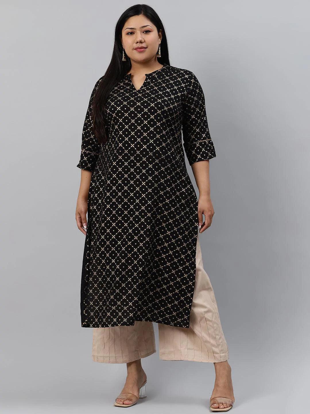 Plus Size Black Checkered Rayon Kurta - ShopLibas