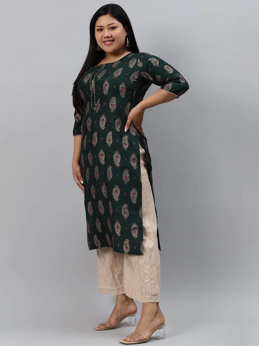 Plus Size Green Printed Silk Kurta - ShopLibas