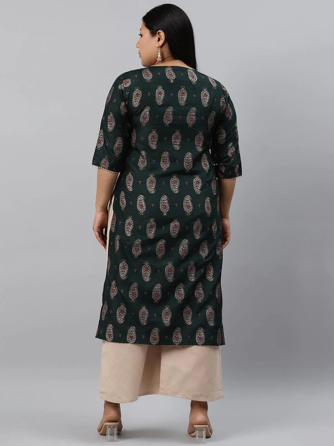 Plus Size Green Printed Silk Kurta - ShopLibas