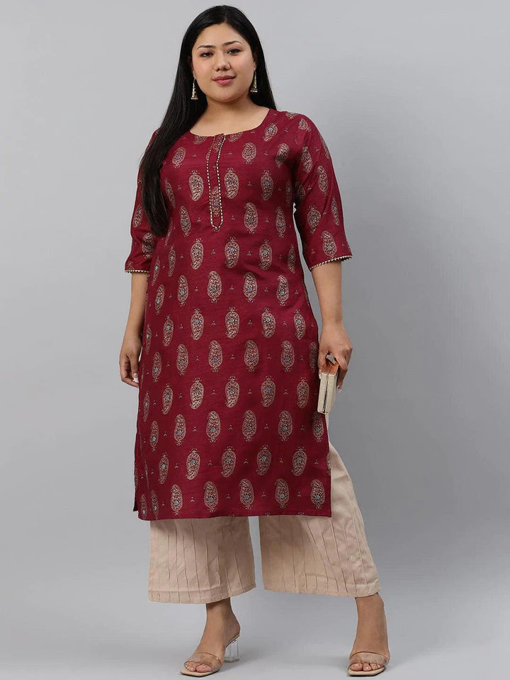 Plus Size Maroon Printed Silk Kurta