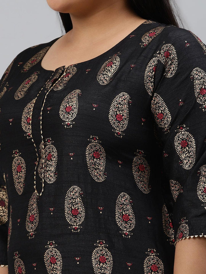 Plus Size Black Printed Silk Kurta