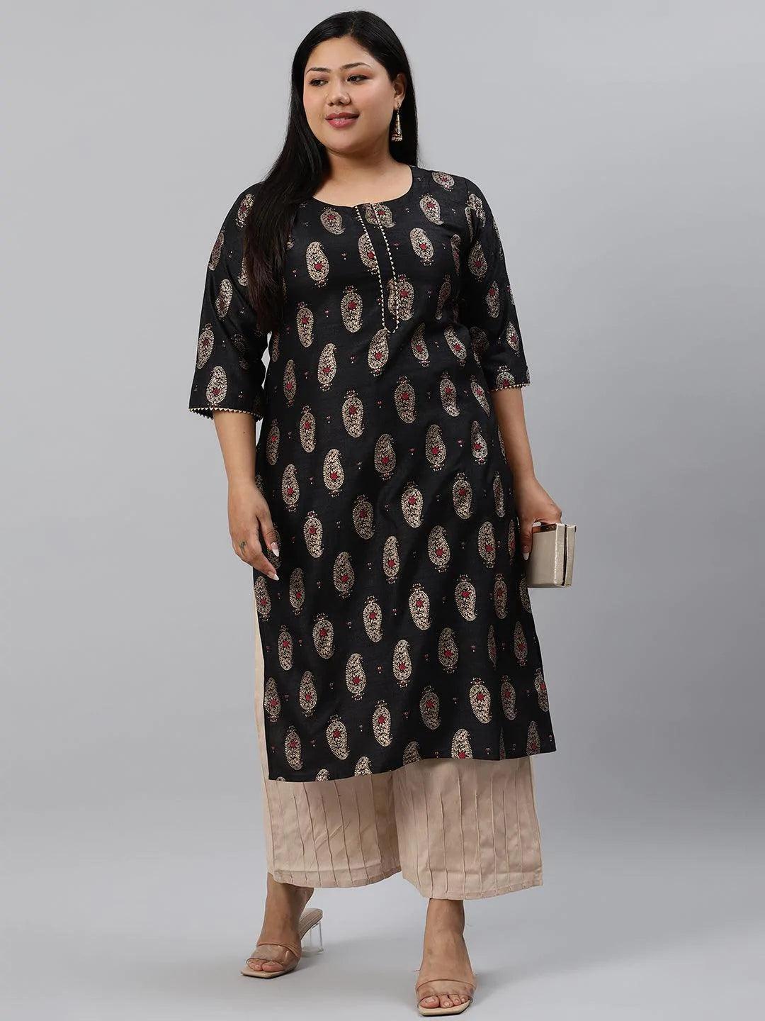 Plus Size Black Printed Silk Kurta - ShopLibas