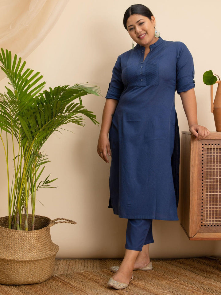 Plus Size Navy Blue Solid Cotton Kurta