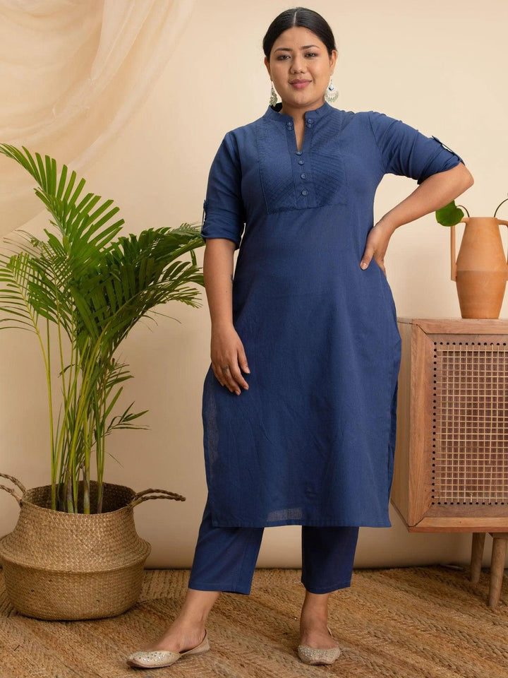 Plus Size Navy Blue Solid Cotton Kurta