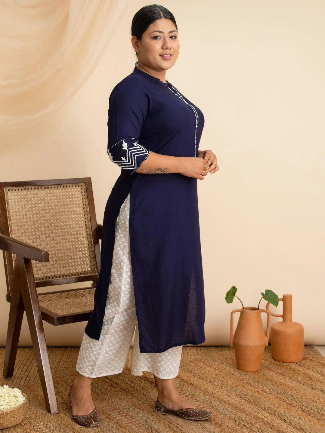 Plus Size Navy Blue Embroidered Rayon Kurta - ShopLibas