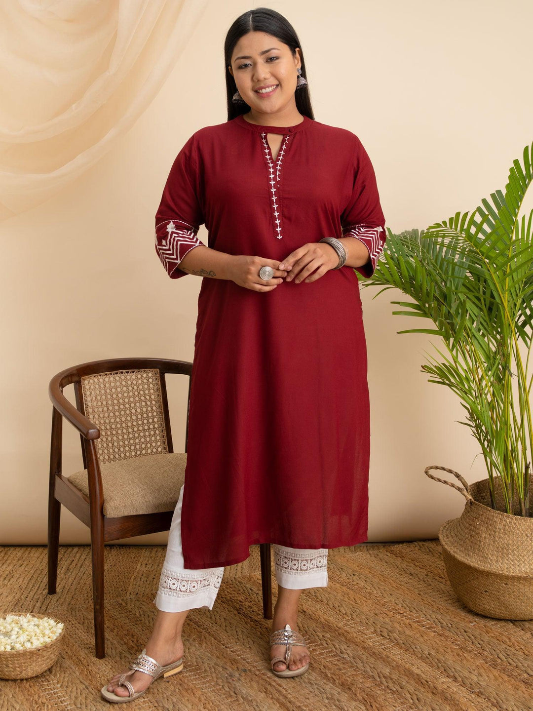 Plus Size Maroon Embroidered Rayon Kurta - ShopLibas