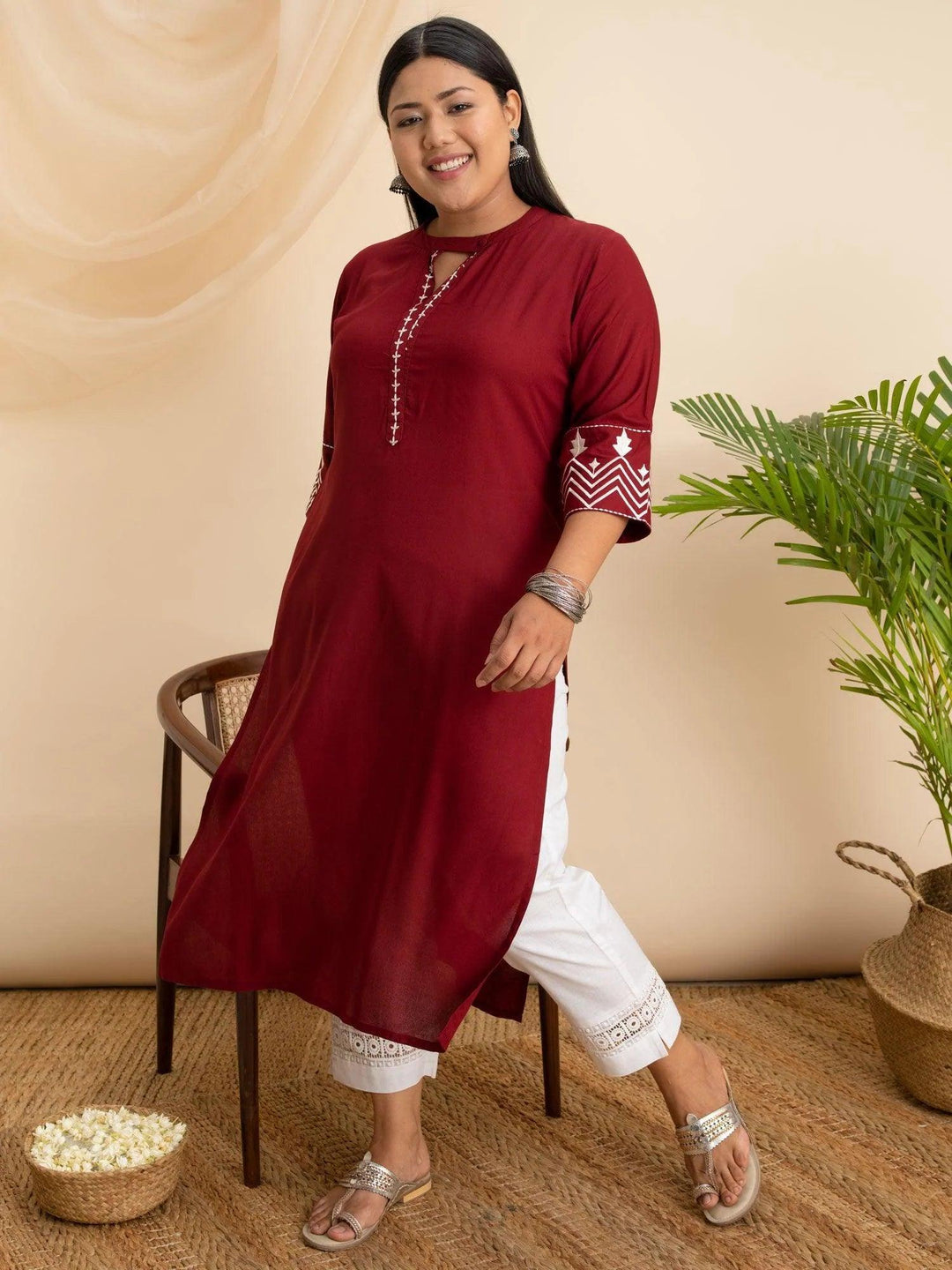 Plus Size Maroon Embroidered Rayon Kurta - ShopLibas