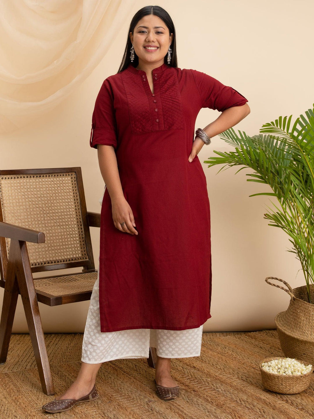 Plus Size Maroon Solid Cotton Kurta - ShopLibas
