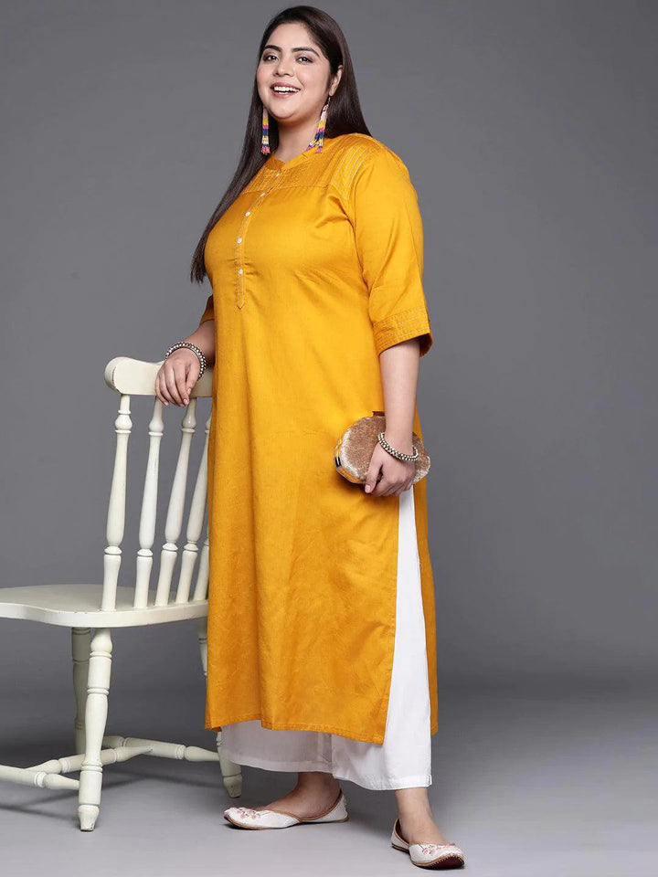 Plus Size Yellow Solid Cotton Kurta