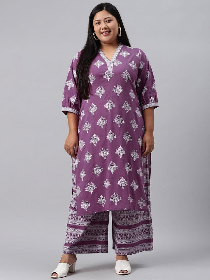 Plus Size Purple Printed Cotton Kurta